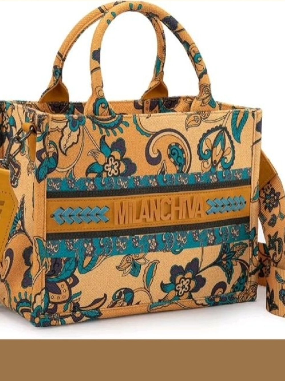 Milan Chiva Canvas Tote in Mustard & Teal Suede Accents.